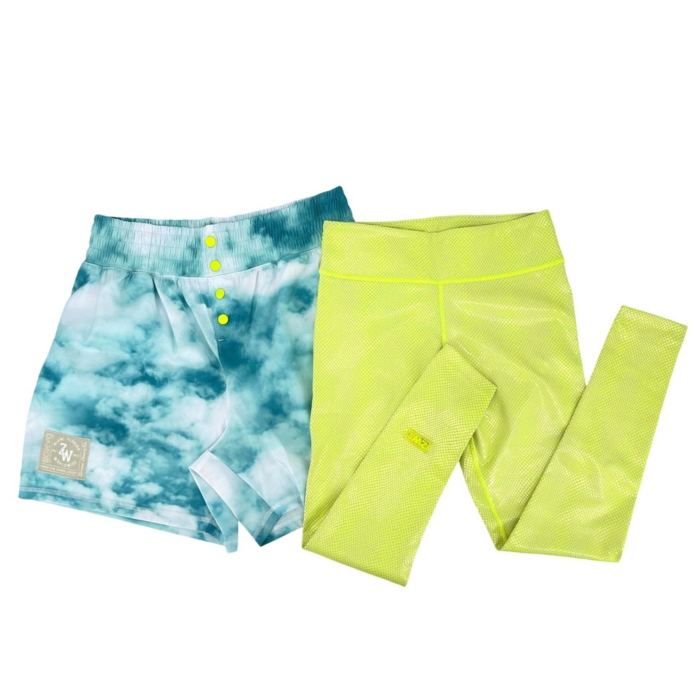 Zumba Tie Dye Cloud‎ Print Athletic Shorts & Leggings Neon Yellow Trim Buttons